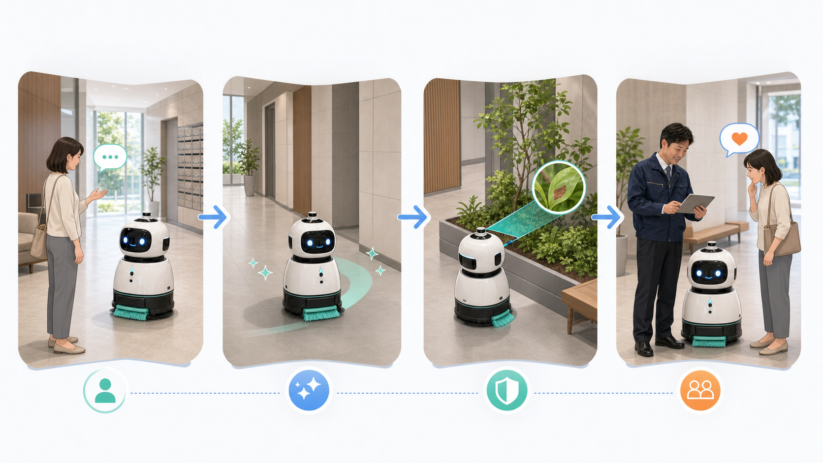 居住者への案内、共用部の清掃、見回り、人間の管理員への引き継ぎを行うAIロボットの流れ